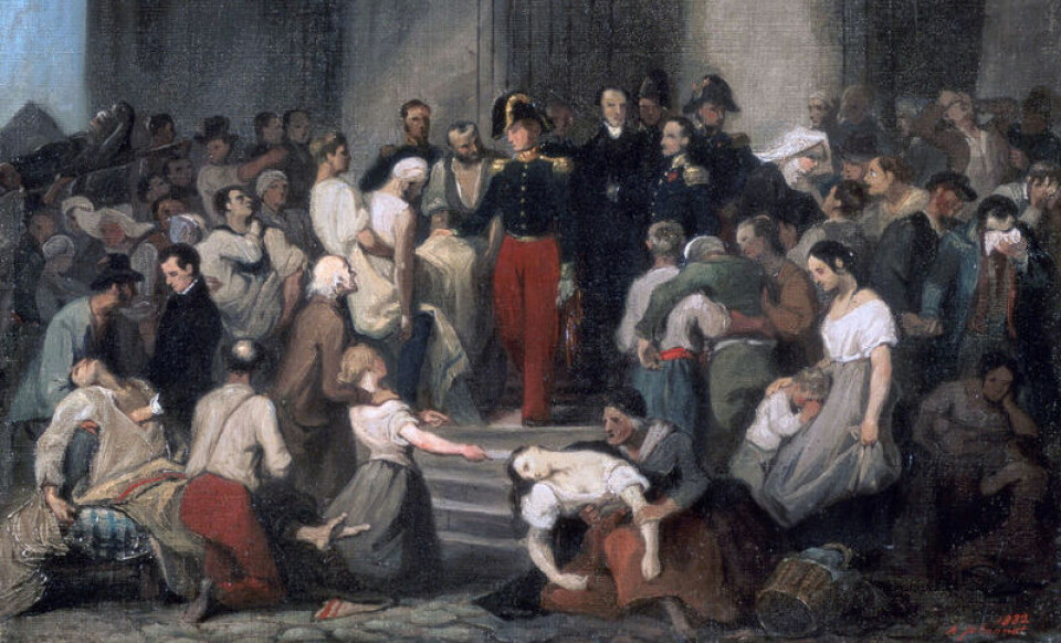Duke of Orleans besøker de syke ved l'Hotel-Dieu i Frankrike under koleraepidemien i 1832. Malt av Alfred Johannot. (Foto: Clipart)