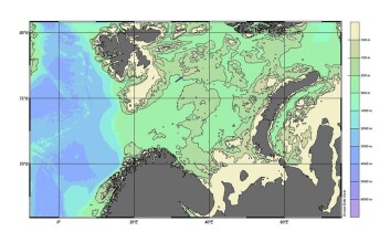 Kart over området i Barentshavet hvor en del av forskningstoktet foregår. Farge angir dyp. Svalbard er oppe til venstre og Nord-Norge nede på midten. Kart over området i Barentshavet hvor en del av forskningstoktet foregår. Farge angir dyp. Svalbard er oppe til venstre og Nord-Norge nede på midten.