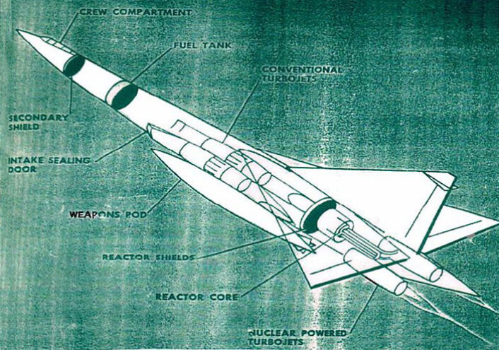 Prinsippskisse av atomdrevet bombefly. (Georgia Nuclear Aircraft Laboratory) Prinsippskisse av atomdrevet bombefly. (Georgia Nuclear Aircraft Laboratory)