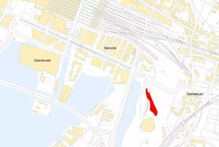 Utgravningsområdet i Middelalderparken i Oslo er markert med rødt.