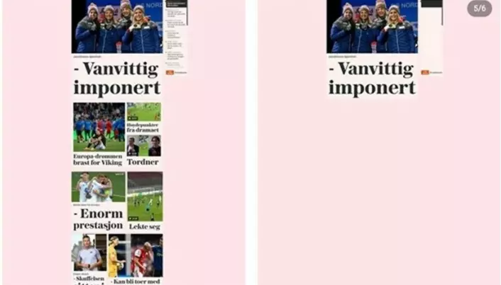 Skjermdump fra vg.nos sportssider en tilfeldig dag i august 2022. Til høyre er sportsnyheter fra herreidrett tatt bort, og kun én nyhet står igjen.