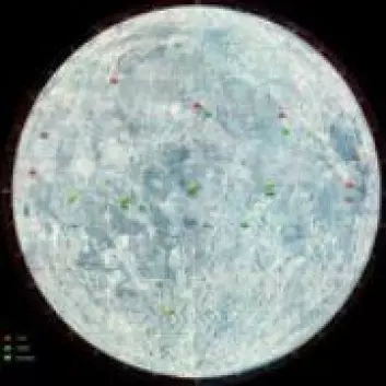 Tidligere landingssteder på månen er her markert med svake røde, grønne og gule flekker. (Foto: NASA)