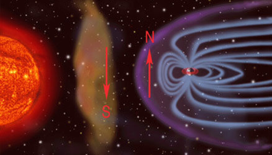 "Den nye gasskyen på vei mot jorda kan ha magnetfelt med motsatt retning av jordens. Da kan det blir trøbbel - og nordlys. (Foto: SOHO, NASA)" "Den nye gasskyen på vei mot jorda kan ha magnetfelt med motsatt retning av jordens. Da kan det blir trøbbel - og nordlys. (Foto: SOHO, NASA)"