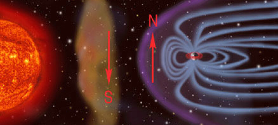 'Den nye gasskyen på vei mot jorda kan ha magnetfelt med motsatt retning av jordens. Da kan det blir trøbbel - og nordlys. (Foto: SOHO, NASA)'