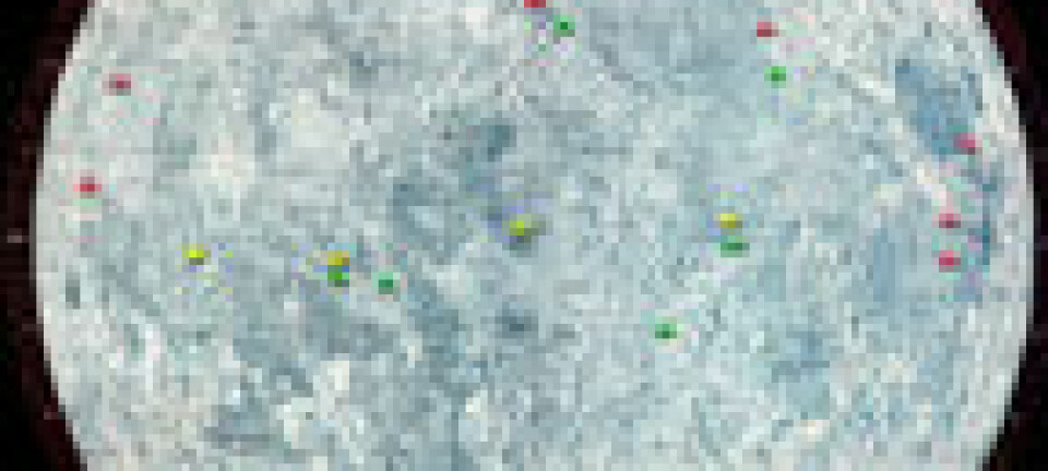 Tidligere landingssteder på månen er her markert med svake røde, grønne og gule flekker. (Foto: NASA)