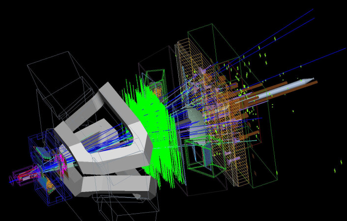 "Illustrasjon av en partikkelskur som spres gjennom de forskjellige nivåene til LHCb-detektoren. (Illustrasjon: CERN)" "Illustrasjon av en partikkelskur som spres gjennom de forskjellige nivåene til LHCb-detektoren. (Illustrasjon: CERN)"