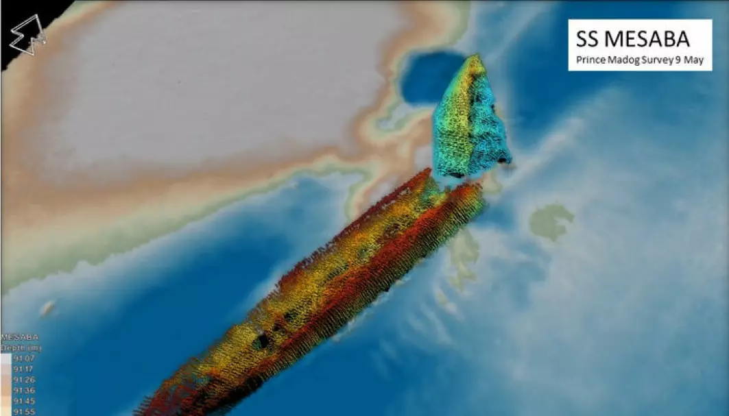 Bilde av vraket etter dampskipet SS Mesaba viser hvor det ligger på bunnen av Irskesjøen mellom Irland og Storbritannia.