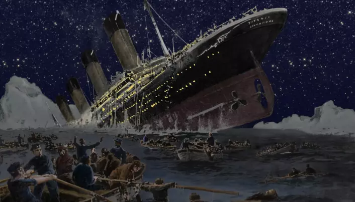 Slik var kaoset i sjøen da Titanic sank, tegnet av den tyske kunstneren Willy Stower (1864-1931). (Illustrasjon: Everett Collection / Shutterstock / NTB