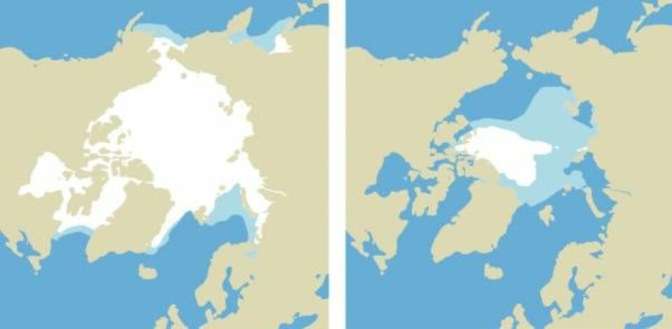'Det arktiske isdekket i mars til venstre. Isdekket i august til høyre. Lyseblått viser dagens situasjon. Det hvite viser en mulig situasjon i 2080. (ill. RegClim)'