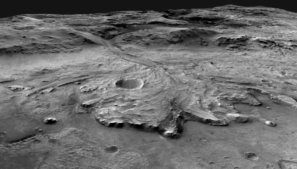 Et bilde tatt av Nasa viser Jezero-krateret på Mars. For milliarder av år siden kan det ha vært en oppblomstring av mikrober noen centimeter under overflaten, tror franske forskere.