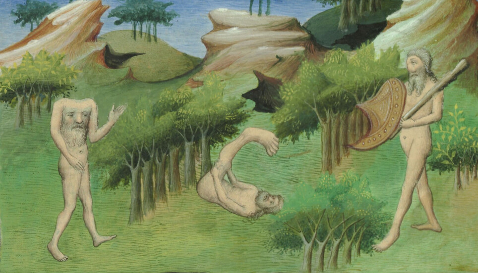 I middelalderen ble blemmyene beskrevet slik: skapninger med hodeløse kropper der ansiktet sitter fast på brystet. Maleriet er fra 1410 og en del av samlingen Livre de mervelleis, Paris.
