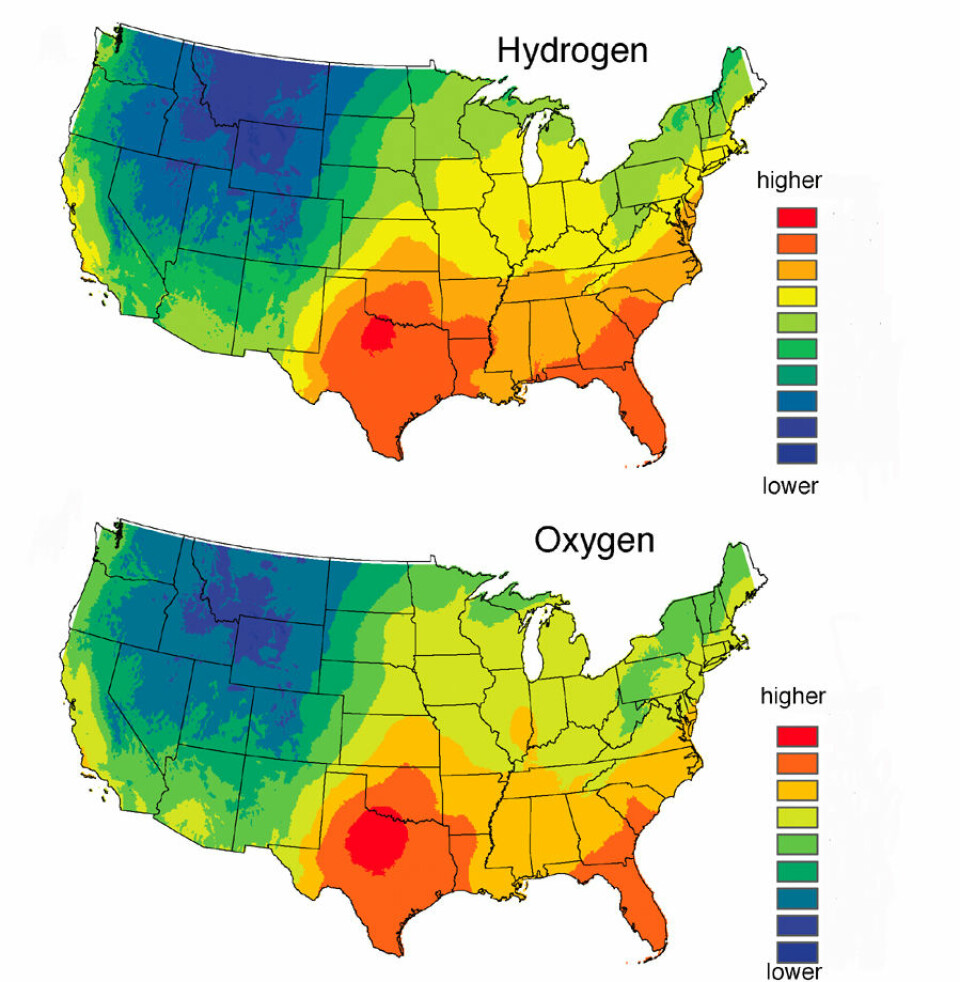 'Områdetkartet som viser forholdet mellom hydrogen- og oksygenisotopene i hodehår og vann i ulike deler av USA. Illustrasjon: University of Utah.'