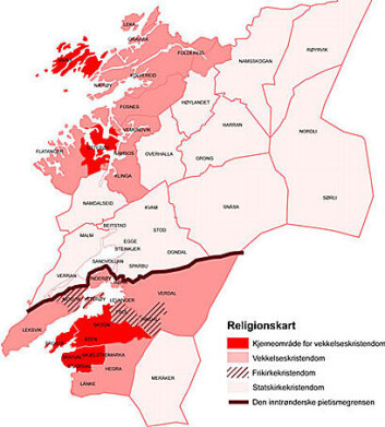 "Religionskartet over Nord-Trøndelag viser både kjerneområder for vekkelse og for statskirkekristendom. Kart: Guri Markhus og Per Arne Stavnås. Kartgrunnlag: Statens kartverk." "Religionskartet over Nord-Trøndelag viser både kjerneområder for vekkelse og for statskirkekristendom. Kart: Guri Markhus og Per Arne Stavnås. Kartgrunnlag: Statens kartverk."
