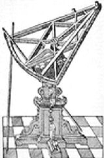 "Tegning av Tycho Brahes sekstant som ble bygget veldig stor for å observere himmelrommet." "Tegning av Tycho Brahes sekstant som ble bygget veldig stor for å observere himmelrommet."