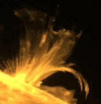 "En søyle av gass spruter ut på overflaten av sola og ut i atmosfæren. Disse fontene skyldes endringer i solas magnetfelt. Kanskje er de kilden til solvinden. (Foto: NASA) "