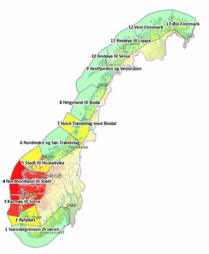 Map of Norway’s 13 production areas.