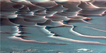 "Sanddyner i Endurance-krateret, tatt av Opportunity. Sanddyner forekommer ofte på Mars, men forskerne kjenner få detaljer rundt dem. De langstrakte dynene nederst på bildet er rundt en meter høye. Fargene på bildet er falske."
