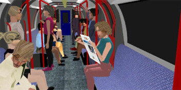 "Avatarer på virtuell t-bane. Motiv fra simulasjonen forskerne brukte for å klartlegge paranoide tanker og mistenksomhet hos folk. Foto: Department of Computer Sciences, University College London." "Avatarer på virtuell t-bane. Motiv fra simulasjonen forskerne brukte for å klartlegge paranoide tanker og mistenksomhet hos folk. Foto: Department of Computer Sciences, University College London."
