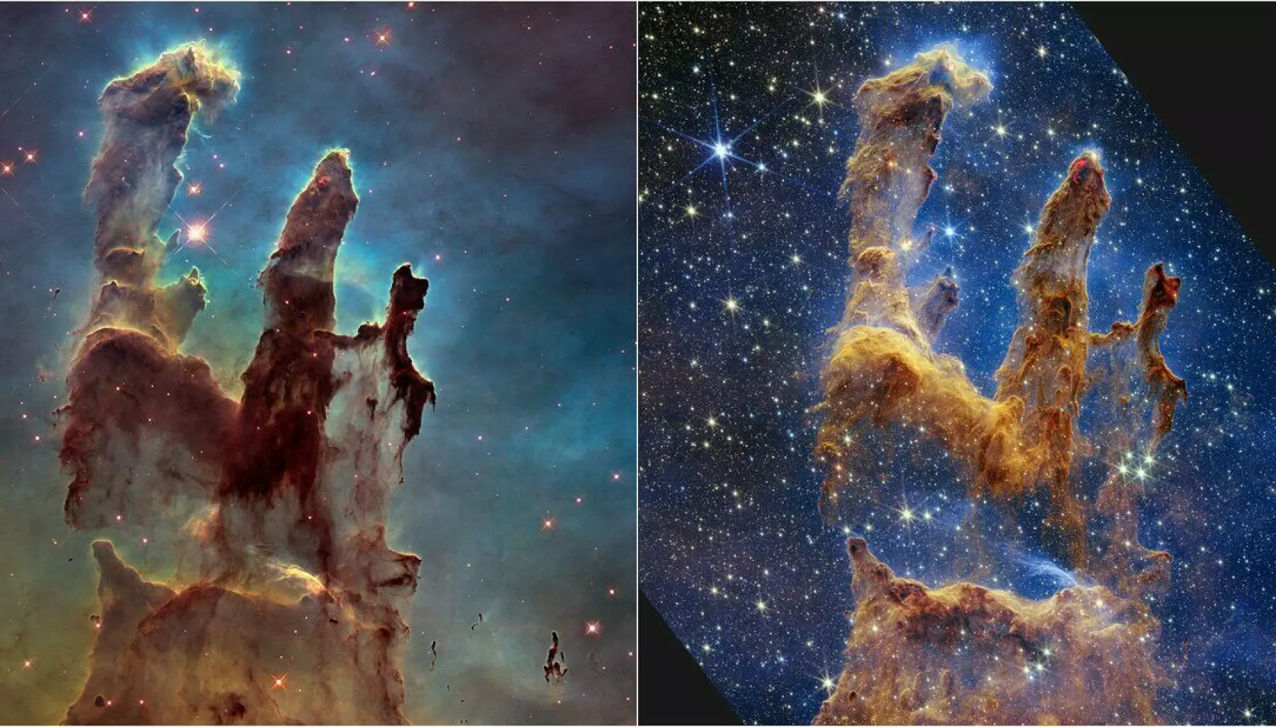 Her ser du forskjellen: Bildet til venstre er tatt av Hubble-teleskopet i 2014. Bildet til venstre ble nylig tatt av James Webb-teleskopet.