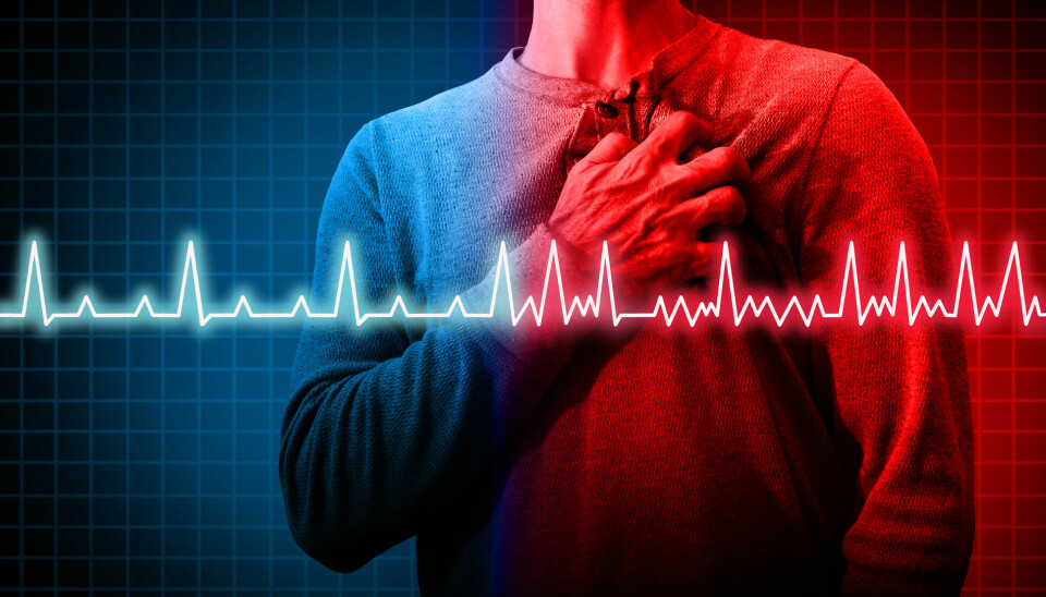 IIlustrasjonen viser normal hjerterytme til venstre på blå bakgrunn, og unormal hjerterytme til høyre på rød bakgrunn.