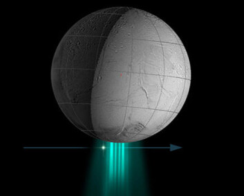"Cassini målte sammensetningen av vannspruten nær Enceladus' sørpol. Det gjorde romsonden ved hjelp av lyset fra stjernen Zeta Orionis da den passerte bak vannspruten. Bildet er en illustrasjon." "Cassini målte sammensetningen av vannspruten nær Enceladus' sørpol. Det gjorde romsonden ved hjelp av lyset fra stjernen Zeta Orionis da den passerte bak vannspruten. Bildet er en illustrasjon."
