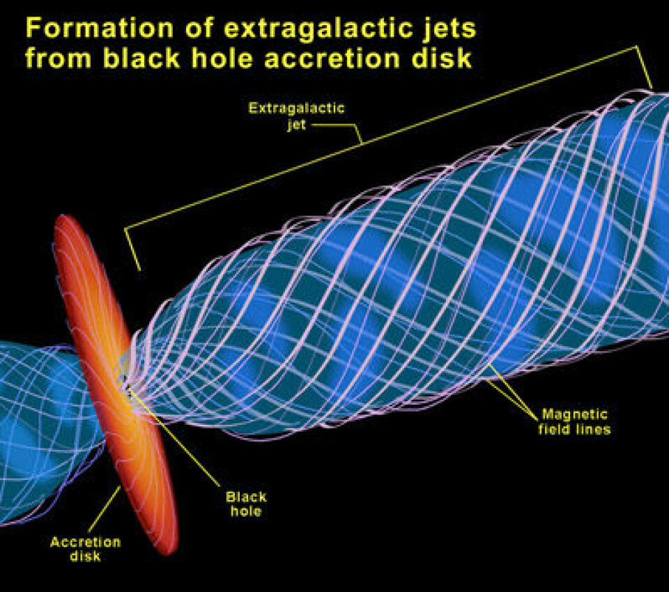 'Rett før den superoppvarmede gassen blir suget inn i det supertunge sorte hullet i midten, blir noe av gassen slynget ut igjen langs polene. Gassen kan komme opp i 99 prosent av lysets hastighet og blir styrt av kraftige magnetfelter. Store energimengder slynget ut i samme retning. Fra Jorden ser vi fenomenet som en kvasar dersom jetstrålene peker mot oss. (Illustrasjon: NASA)'