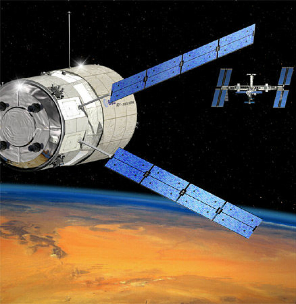 'Illustrasjonen viser Automated Transfer Vehicle, ATV, på vei til den internasjonale romstasjonen.'