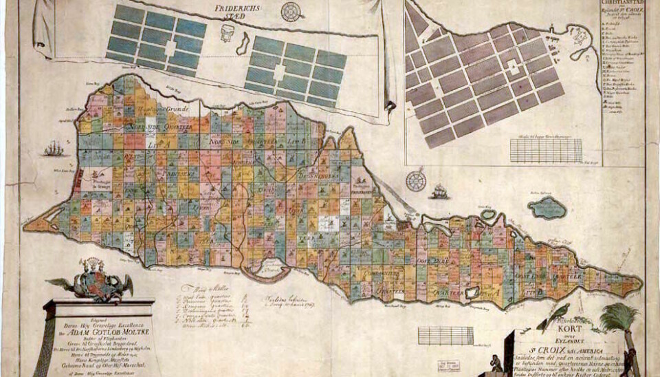 Kart fra 1754 over den dansk-norske kolonien St.Croix med plantasjene avmerket.