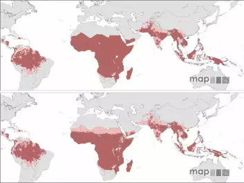 "Store malariabefengte områder kan muligens renses, viser nytt kart. (Illustrasjon: Malaria Atlas Project)"