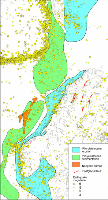 "Kartet viser hvor sedimenter var tidligere (blå) og der de ligger nå (grønn). De gule prikkene indikerer jordskjelv. Storfjorden ligger i en erosjonssone med stor jordskjelvaktivitet. Se større versjon av kartet nederst i artikkelen."