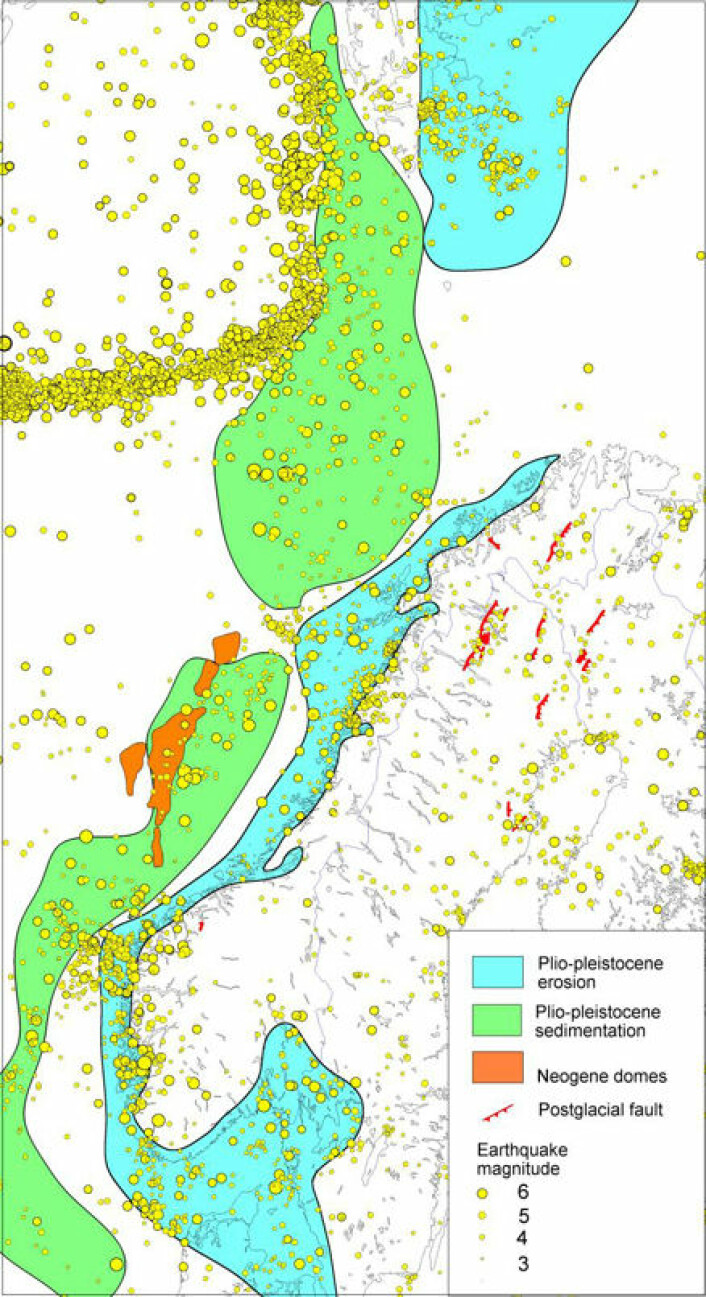 "Kartet viser hvor sedimenter var tidligere (blå) og der de ligger nå (grønn). De gule prikkene indikerer jordskjelv. Storfjorden ligger i en erosjonssone med stor jordskjelvaktivitet."