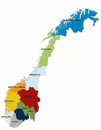 A map of Norway divided into counties.