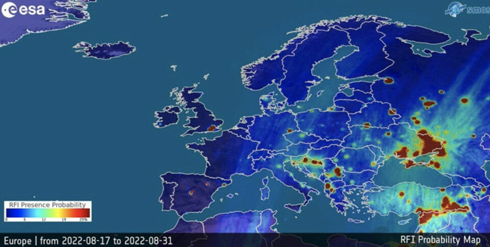Radiostøy i L-båndet, målt fra ESAs satellitt SMOS. (Bilde: ESA)
