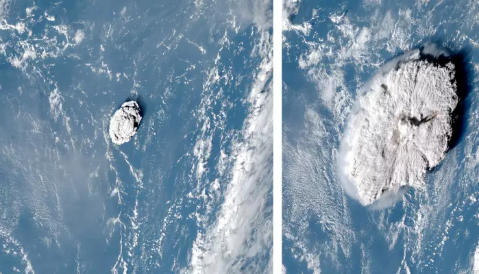 Til venstre ser du skyen ti minutter etter eksplosjonen. Til høyre er skyen etter 50 minutter.
