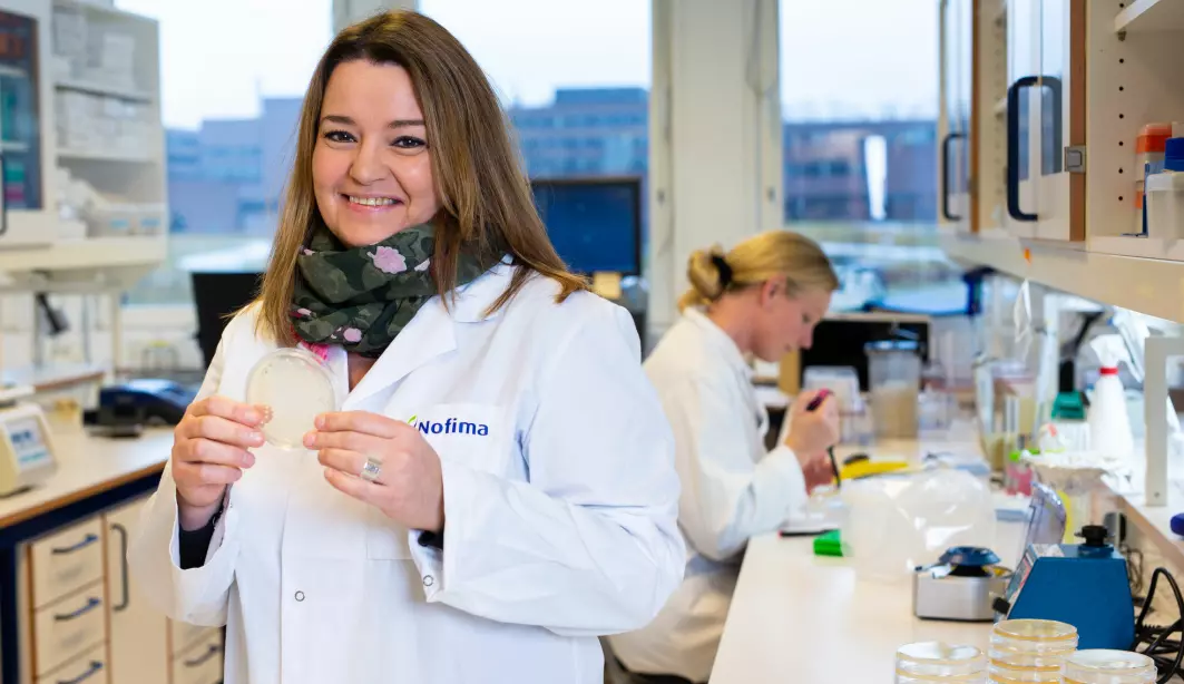 I Nofima er det flere forskere involvert i forskningen på Listeria. Her viser seniorforsker Annette Fagerlund frem en skål med bakterier som er dyrket fram.