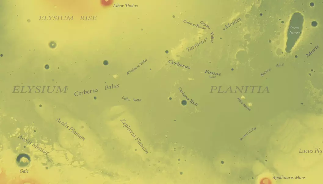 Et kart som viser det geografiske området på Mars kalt Elysium Planitia. De store sprekkene finnes omtrent midt i kartet. Rett nord for kartet er noen av Mars' høyeste fjell. Elysium mons er opp mot 13 kilometer høyt.