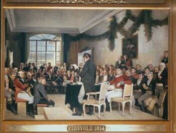All makt i denne sal. Oscar A. Wergelands maleri Eidsvold 1814 (Foto: Stortingsarkivet / Teigens fotoatelier as) All makt i denne sal. Oscar A. Wergelands maleri Eidsvold 1814 (Foto: Stortingsarkivet / Teigens fotoatelier as)