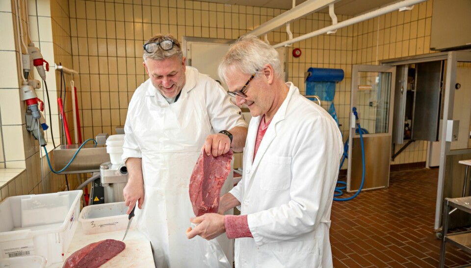Pølsemaker Tom Johannessen og forsker Rune Rødbotten fordeler kjøttet før det sendes til kjøkkenet for tilberedning og smaking.