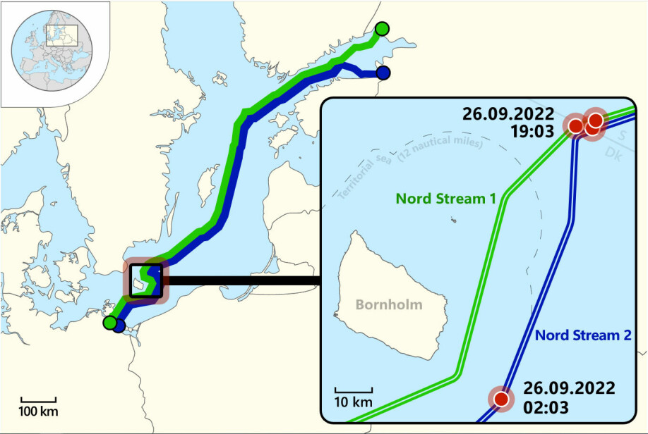 Kartet viser hvor og når eksplosjonene på Nord Stream-rørene fant sted.