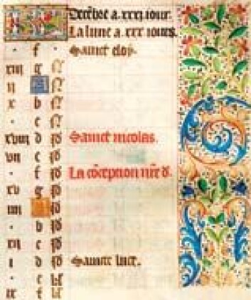 "Helgenkalender fra en bønnebok fra 1400-tallet. Boken har tilhørt Sigrid Undset." "Helgenkalender fra en bønnebok fra 1400-tallet. Boken har tilhørt Sigrid Undset."