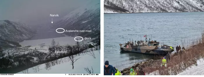 På bildet til venstre ser man hvor isen lå mens skredrester dekket den eneste veien inn til Beisfjord. Havnen var ikke tilgjengelig, så en militærbåt (til høyre) måtte legge til land i fjæresteinene lenger unna når tidevannet tillot det.