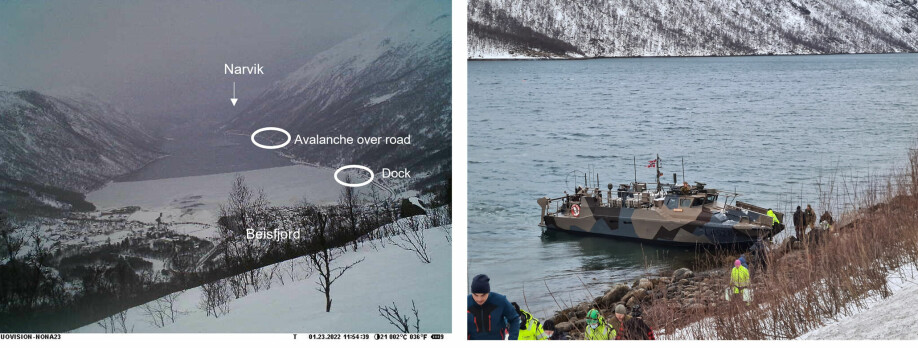 Location of ice in Beisfjord while avalanche debris covered the only road leading into the community (left). The dock was not accessible, so a military boat (right) could only dock further away along a rocky coastline when the tide allowed.