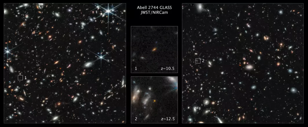 Disse bildene fra James Webb-teleskopet viser sannsynligvis de fjerneste galaksene som er blitt avbildet noensinne. De ble trolig dannet kun 350 millioner år etter Big Bang, ifølge Nasa.