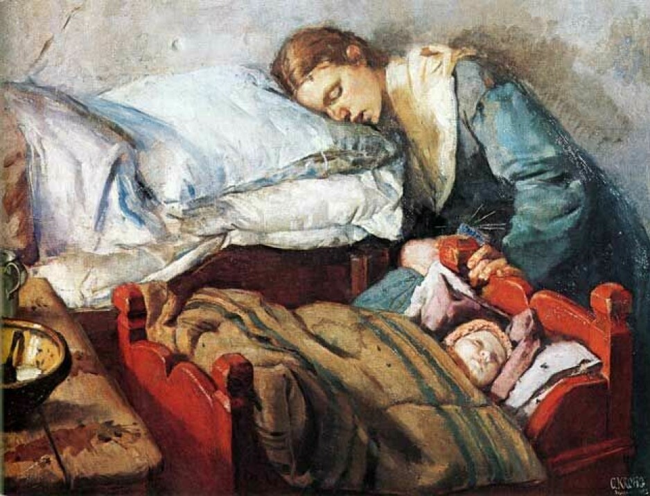 Christian Krohgs maleri «Sovende mor med barn» ble malt i 1883 og er betegnende for tidsperioden, mener forfatter Bjørn Sverre Hol Haugen.