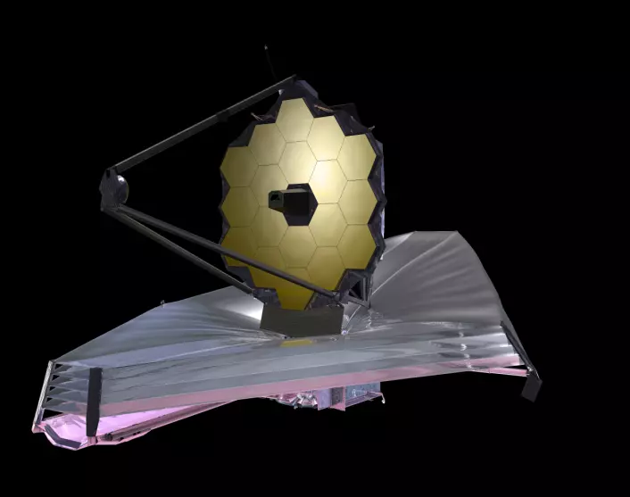 Omtrent slik ser James Webb-romteleskopet ut ute i rommet. Det ligger langt fra jorden - utenfor månens bane - , og det store skjoldet under beskytter fra sollys og forstyrrelser fra jorden.