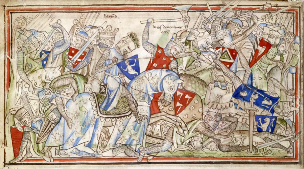 Slaget ved Stamford bro i 1066. Harald Hardråde ser du i midten, kledd i rødt og med løftet øks. Bildet er hentet fra «The Life of King Edward the Confessor» av Matthew Paris, som ble utgitt på 1200-tallet.