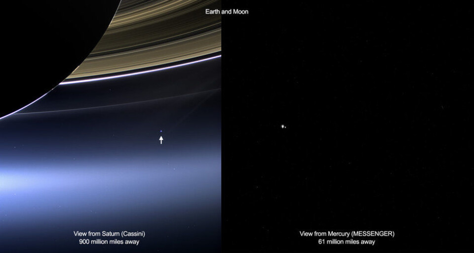 Jorda sett fra Saturn (venstre bilde) tatt av romsonden Cassini og fra Merkur (høyre bilde) tatt av romsonden Messenger. Foto: (Foto: NASA/JPL-Caltech/Space Science Institute og NASA/Johns Hopkins University Applied Physics Laboratory/Carnegie Institution of Washington)