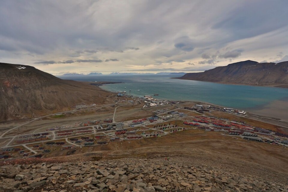 Utsikt mot vest over Longyearbyen, sett fra Sukkertoppen. Foto: (Foto: Sindre Skrede)