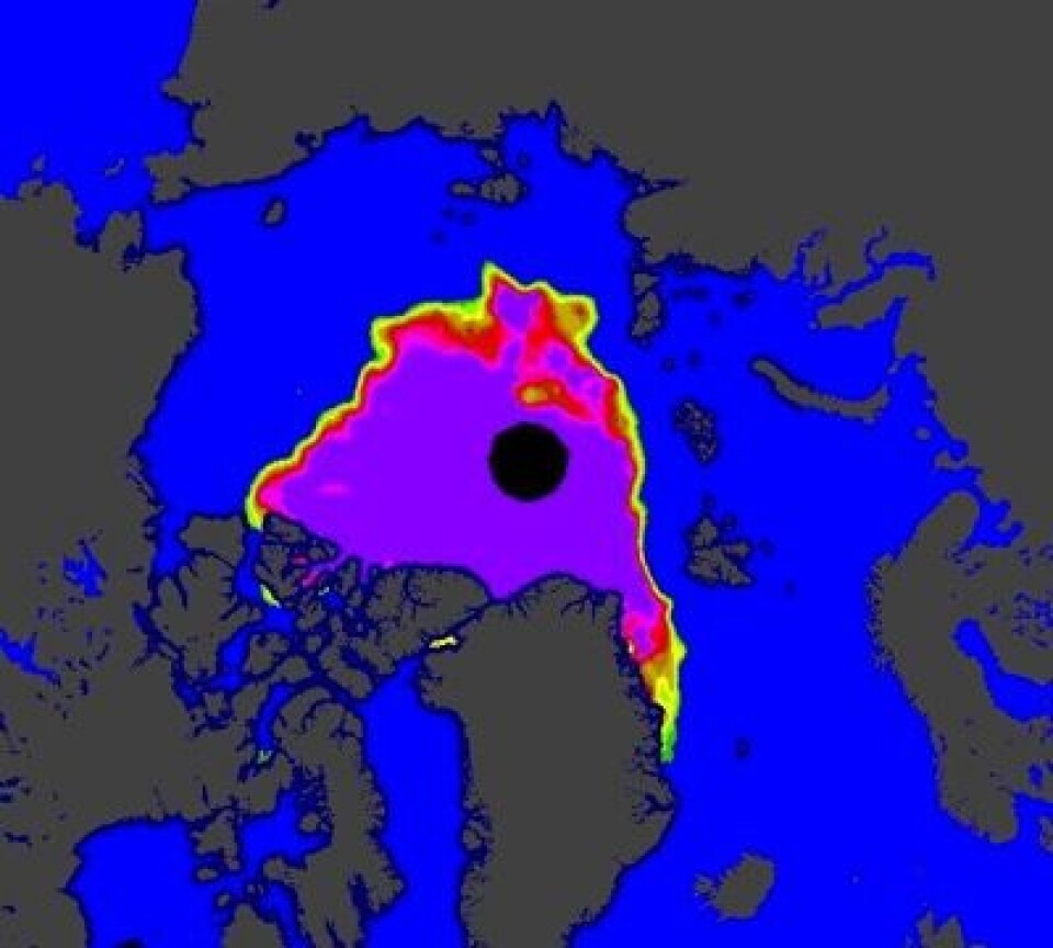 Her er sjøisens utbredelse ved høstjevndøgn. Så spørs det hva dette vil bety for jetstrømmen og været på den nordlige halvkule resten av året. (Foto: (EUMETSAT osisaf.met.no))