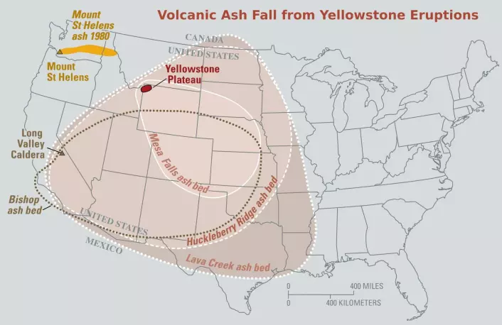 De rosa feltene over USA-kartet viser hvor langt asken fra de forrige utbruddene fra Yellowstone-vulkanen spredte seg. Det siste skjedde for rundt 630.000 år siden, og kalles Lava Creek.